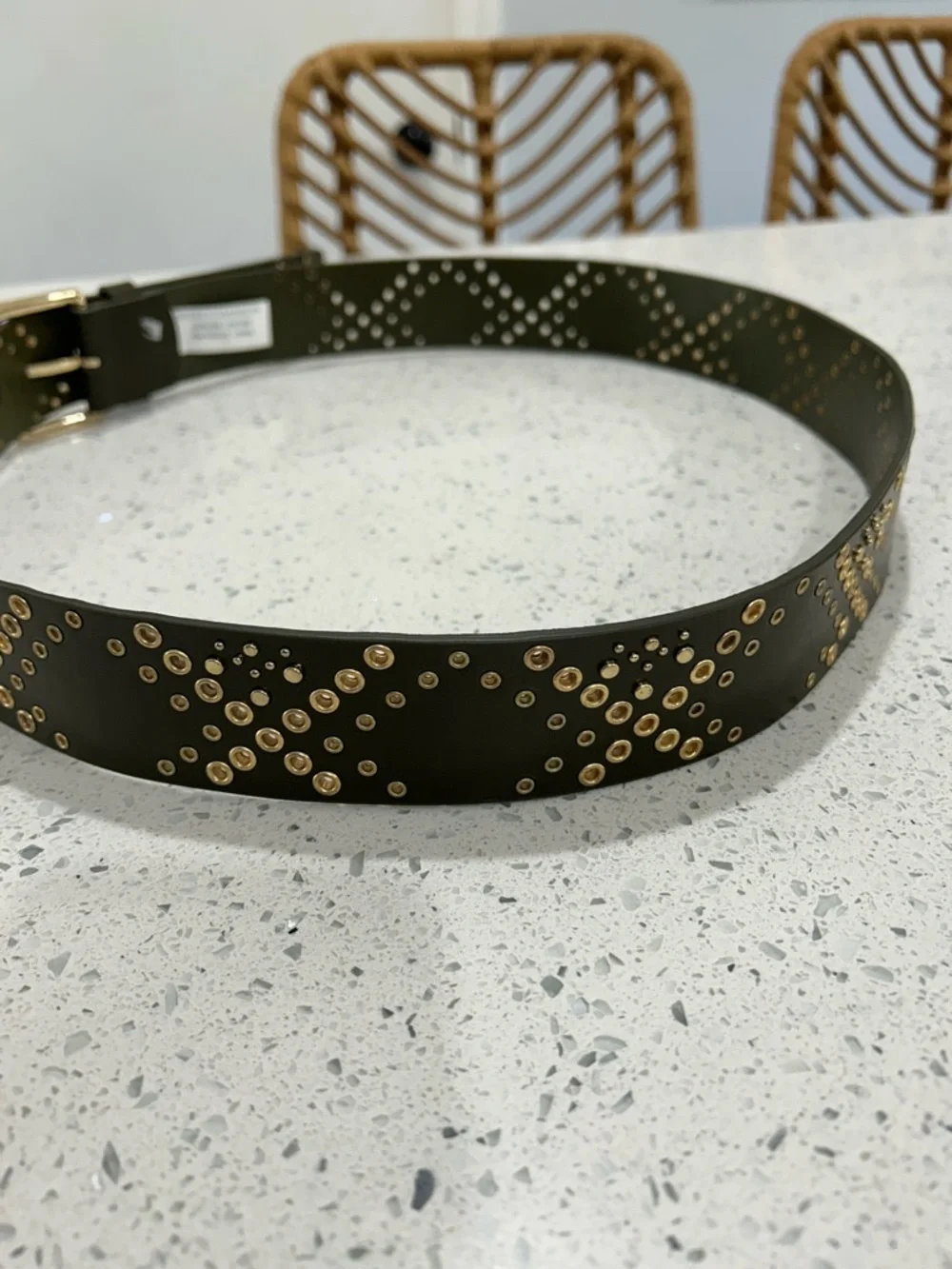 NWOT Rebecca Minkoff Olive Green Leather Studded Grommet Gold Hardware Belt - L
